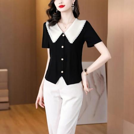 BY12139# 纯棉短袖t恤女显瘦新款夏季女装正肩花边领上衣设计感半袖针织衫 服裝批發女裝批發服飾貨源