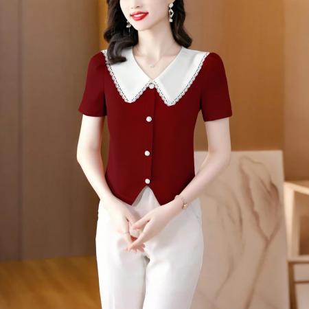 BY12139# 纯棉短袖t恤女显瘦新款夏季女装正肩花边领上衣设计感半袖针织衫 服裝批發女裝批發服飾貨源