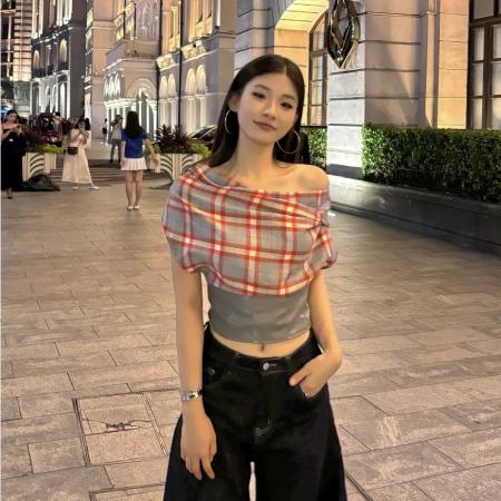BY12141# 复古格纹短袖挂脖T恤设计感小众露背短款一字领上衣 服裝批發女裝批發服飾貨源