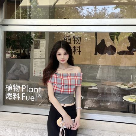 BY12141# 复古格纹短袖挂脖T恤设计感小众露背短款一字领上衣 服裝批發女裝批發服飾貨源