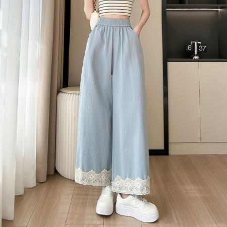 BY12143# 春季新款洗水棉阔腿裤高腰九分裤脚口蕾丝花边百搭小个子休闲裤 服裝批發女裝批發服飾貨源
