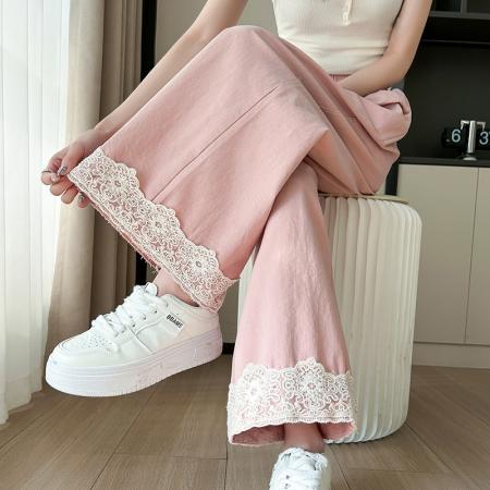 春季新款洗水棉阔腿裤高腰九分裤脚口蕾丝花边百搭小个子休闲裤 服裝批發女裝批發服飾貨源