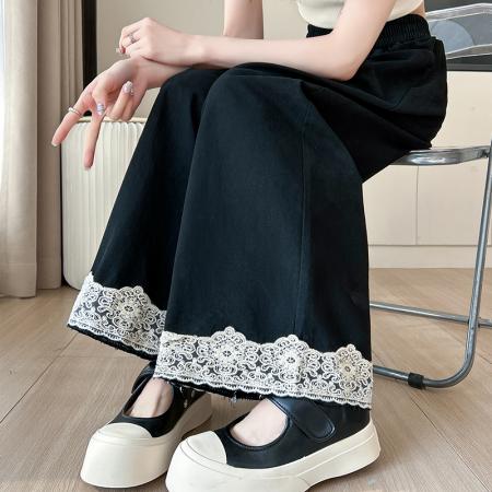 春季新款洗水棉阔腿裤高腰九分裤脚口蕾丝花边百搭小个子休闲裤 服裝批發女裝批發服飾貨源