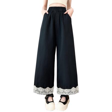 春季新款洗水棉阔腿裤高腰九分裤脚口蕾丝花边百搭小个子休闲裤 服裝批發女裝批發服飾貨源