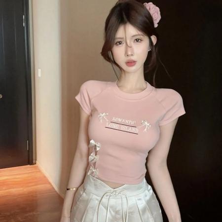 蝴蝶结正肩短袖t恤女夏季新款纯欲甜妹辣妹短款显瘦修身上衣 服裝批發女裝批發服飾貨源