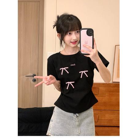 发泡字母印花短袖女小清新蝴蝶结T恤温柔甜妹风收腰短款 服裝批發女裝批發服飾貨源