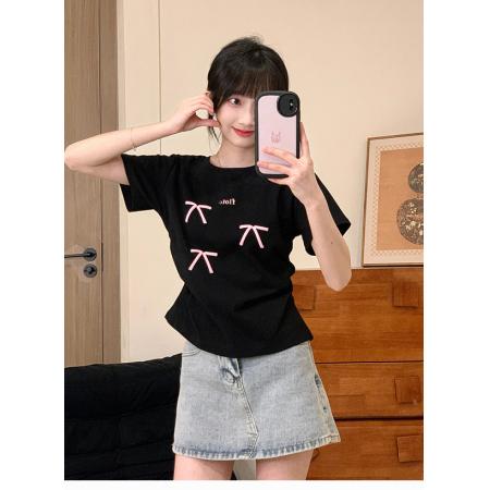 BY12145# 发泡字母印花短袖女小清新蝴蝶结T恤温柔甜妹风收腰短款 服裝批發女裝批發服飾貨源