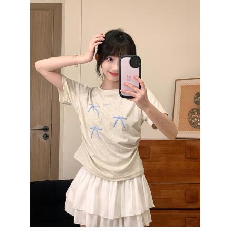 BY12145# 发泡字母印花短袖女小清新蝴蝶结T恤温柔甜妹风收腰短款 服裝批發女裝批發服飾貨源