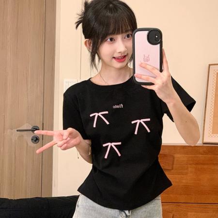 BY12145# 发泡字母印花短袖女小清新蝴蝶结T恤温柔甜妹风收腰短款 服裝批發女裝批發服飾貨源