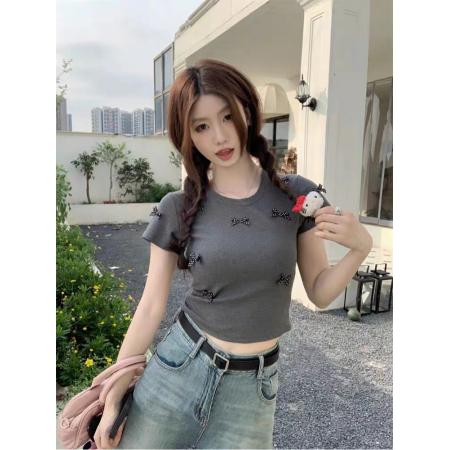 BY12146# 圆领蝴蝶结t恤女甜美小个子设计感小众正肩短袖上衣 服裝批發女裝批發服飾貨源