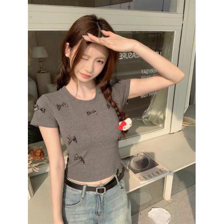BY12146# 圆领蝴蝶结t恤女甜美小个子设计感小众正肩短袖上衣 服裝批發女裝批發服飾貨源