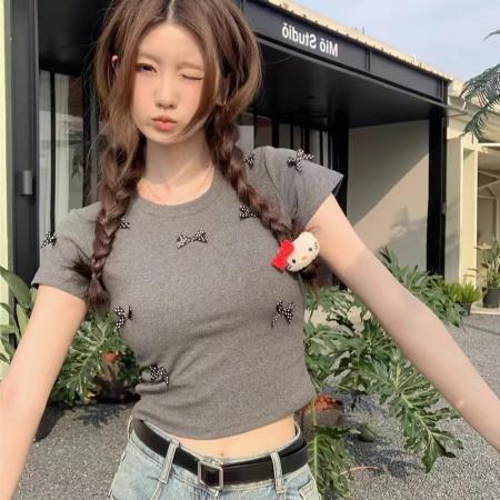 BY12146# 圆领蝴蝶结t恤女甜美小个子设计感小众正肩短袖上衣 服裝批發女裝批發服飾貨源