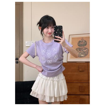小众刺绣蝴蝶结正肩T恤女甜美温柔风荷叶边短袖不露腰短款 服裝批發女裝批發服飾貨源