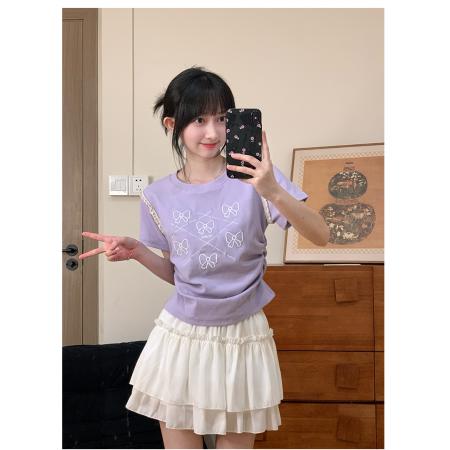 BY12148# 小众刺绣蝴蝶结正肩T恤女甜美温柔风荷叶边短袖不露腰短款 服裝批發女裝批發服飾貨源