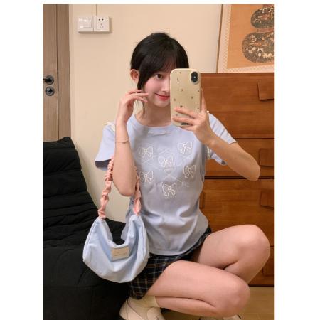 BY12148# 小众刺绣蝴蝶结正肩T恤女甜美温柔风荷叶边短袖不露腰短款 服裝批發女裝批發服飾貨源