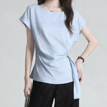 高级感气质简约复古收腰显瘦T恤夏季短袖休闲减龄上衣女 服裝批發女裝批發服飾貨源