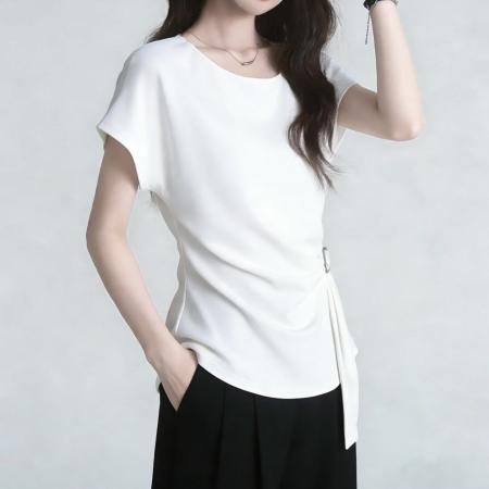 BY12151# 高级感气质简约复古收腰显瘦T恤夏季短袖休闲减龄上衣女 服裝批發女裝批發服飾貨源