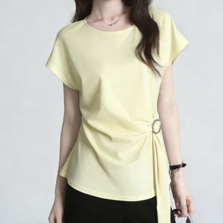 BY12151# 高级感气质简约复古收腰显瘦T恤夏季短袖休闲减龄上衣女 服裝批發女裝批發服飾貨源