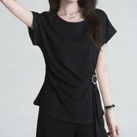 BY12151# 高级感气质简约复古收腰显瘦T恤夏季短袖休闲减龄上衣女 服裝批發女裝批發服飾貨源