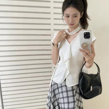 法式通勤风V领荷叶边短袖T恤女白色甜美风春夏显瘦气质上衣 服裝批發女裝批發服飾貨源