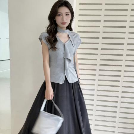 BY12154# 法式通勤风V领荷叶边短袖T恤女白色甜美风春夏显瘦气质上衣 服裝批發女裝批發服飾貨源