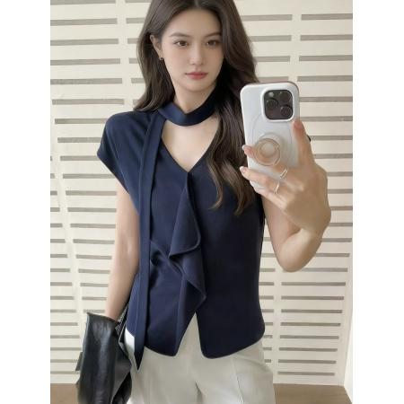 BY12154# 法式通勤风V领荷叶边短袖T恤女白色甜美风春夏显瘦气质上衣 服裝批發女裝批發服飾貨源