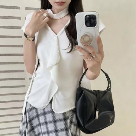 BY12154# 法式通勤风V领荷叶边短袖T恤女白色甜美风春夏显瘦气质上衣 服裝批發女裝批發服飾貨源