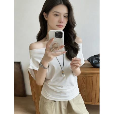 BY12155# 一字肩露肩短袖T恤女夏季新款褶皱收腰遮肉高级感上衣 服裝批發女裝批發服飾貨源