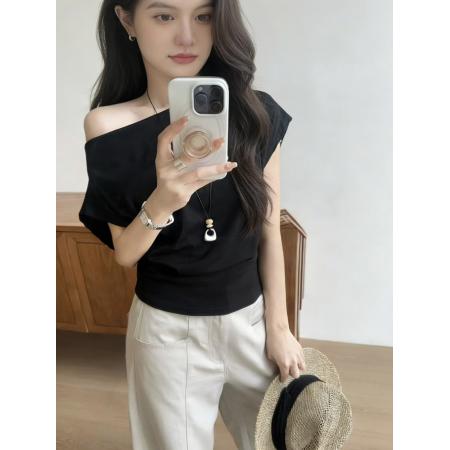 BY12155# 一字肩露肩短袖T恤女夏季新款褶皱收腰遮肉高级感上衣 服裝批發女裝批發服飾貨源