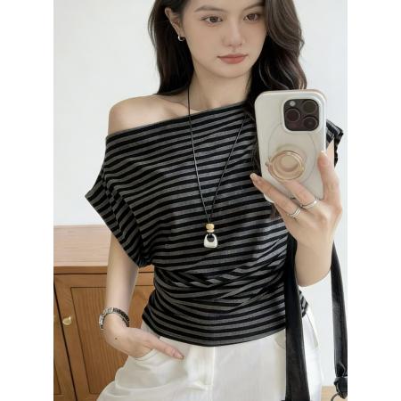 BY12155# 一字肩露肩短袖T恤女夏季新款褶皱收腰遮肉高级感上衣 服裝批發女裝批發服飾貨源