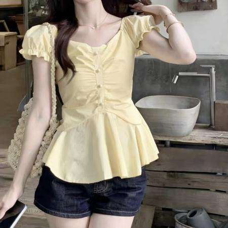 BY12156# 新款度假风夏季洋气轻法式V领捏褶泡泡袖花边小衫女上衣 服裝批發女裝批發服飾貨源