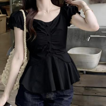 BY12156# 新款度假风夏季洋气轻法式V领捏褶泡泡袖花边小衫女上衣 服裝批發女裝批發服飾貨源