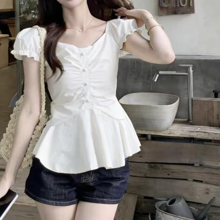 BY12156# 新款度假风夏季洋气轻法式V领捏褶泡泡袖花边小衫女上衣 服裝批發女裝批發服飾貨源