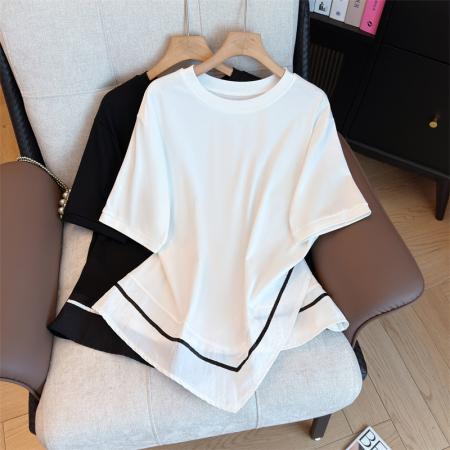 大码夏韩版设计感不规则宽松休闲遮肚子显瘦撞色拼接短袖T恤 服裝批發女裝批發服飾貨源