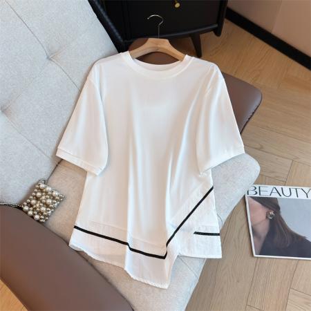 大码夏韩版设计感不规则宽松休闲遮肚子显瘦撞色拼接短袖T恤 服裝批發女裝批發服飾貨源