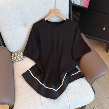 大码夏韩版设计感不规则宽松休闲遮肚子显瘦撞色拼接短袖T恤 服裝批發女裝批發服飾貨源