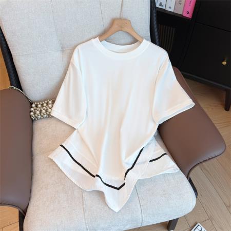 大码夏韩版设计感不规则宽松休闲遮肚子显瘦撞色拼接短袖T恤 服裝批發女裝批發服飾貨源