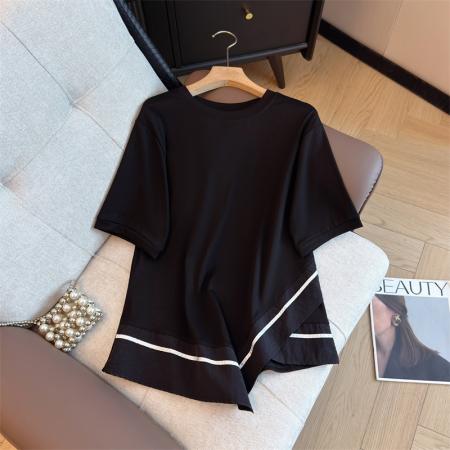 大码夏韩版设计感不规则宽松休闲遮肚子显瘦撞色拼接短袖T恤 服裝批發女裝批發服飾貨源