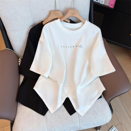 大码女装韩版圆领简约宽松短袖胖妹妹显瘦气质高级T恤 服裝批發女裝批發服飾貨源