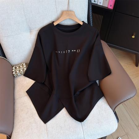 大码女装韩版圆领简约宽松短袖胖妹妹显瘦气质高级T恤 服裝批發女裝批發服飾貨源