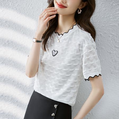 夏季新款韩版百搭拼接圆领短袖T恤女 服裝批發女裝批發服飾貨源