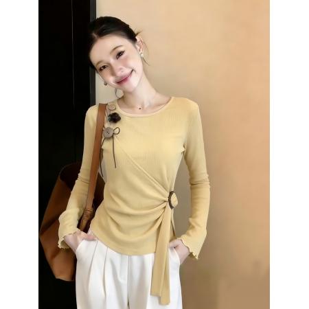 早春新款设计感小众花朵上衣纯欲风韩系绑带收腰长袖t恤女 服裝批發女裝批發服飾貨源