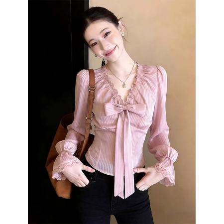 韩系甜美风V领蝴蝶结喇叭袖衬衫女春季收腰显瘦气质减龄粉色上衣 服裝批發女裝批發服飾貨源