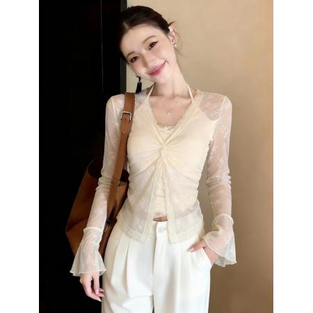 纯欲性感v领挂脖上衣女早春网纱透视假两件喇叭袖蕾丝打底衫内搭 服裝批發女裝批發服飾貨源