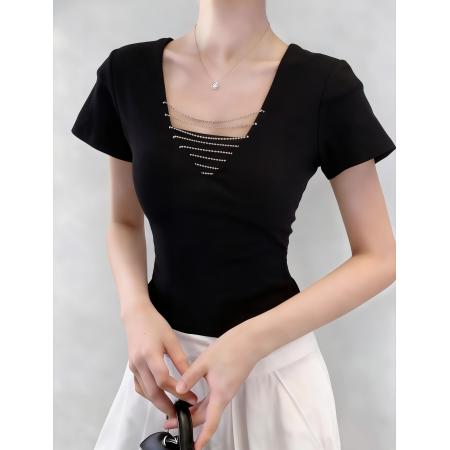 纯欲钻链V领露锁骨性感辣妹短袖修身T恤上衣 服裝批發女裝批發服飾貨源