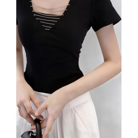 BY12170# 纯欲钻链V领露锁骨性感辣妹短袖修身T恤上衣 服裝批發女裝批發服飾貨源