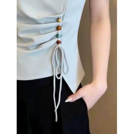 高端女装不规则系带短款方领锁骨上衣修身短袖t恤女夏季 服裝批發女裝批發服飾貨源