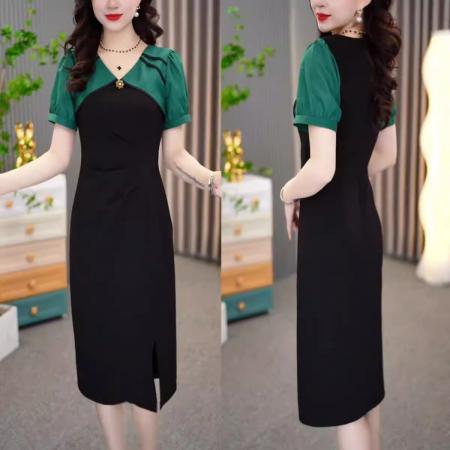 时尚法式短袖连衣裙女夏季新款气质收腰显瘦雪纺拼接过膝裙子 服裝批發女裝批發服飾貨源