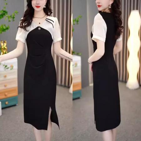 时尚法式短袖连衣裙女夏季新款气质收腰显瘦雪纺拼接过膝裙子 服裝批發女裝批發服飾貨源