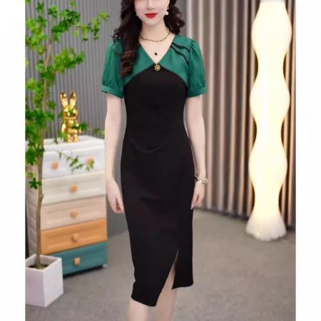 时尚法式短袖连衣裙女夏季新款气质收腰显瘦雪纺拼接过膝裙子 服裝批發女裝批發服飾貨源